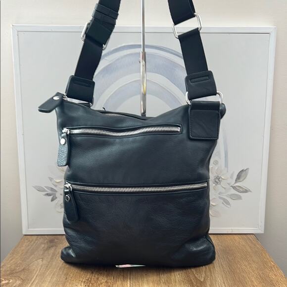 Margot Triple Zip Black Pebble Leather Crossbody Bag - Picture 1 of 10